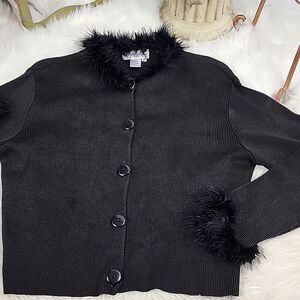 Feather Trimmed Black Knit Long Sleeved Button Cardigan Holiday Glamorati